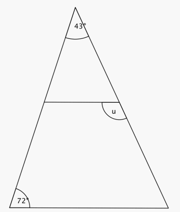 En stor trekant med vinklene 43 grader og 72 grader. Trekanten er delt med en linje som er parallell med en av sidene i trekanten og vi får en liten trekant  i den store trekanten.